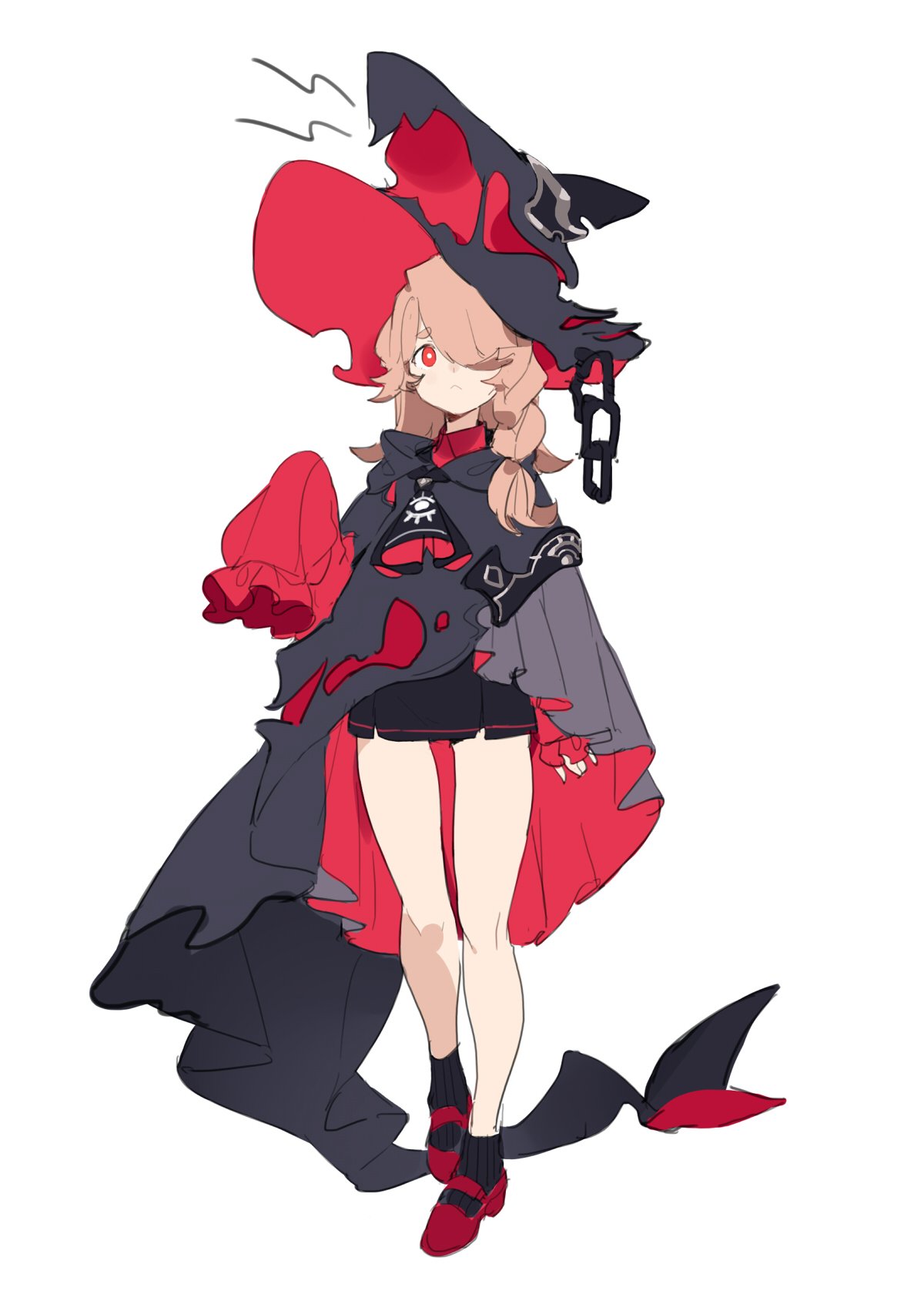 1girl, ankle_socks, ascot, asymmetrical_bangs, asymmetrical_sleeves, black_ascot, black_cloak, black_headwear