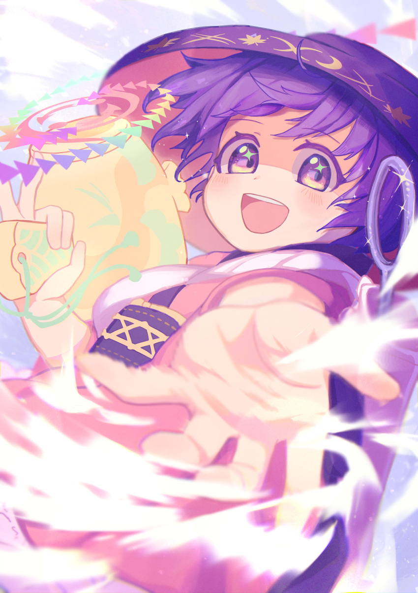 1girl, :d, absurdres, bowl, bowl_hat, commentary_request, cowboy_shot, foreshortening