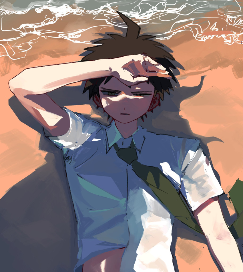 1boy, ahoge, brown_eyes, danganronpa_(series), danganronpa_2:_goodbye_despair, green_necktie, hand_on_own_forehead, highres