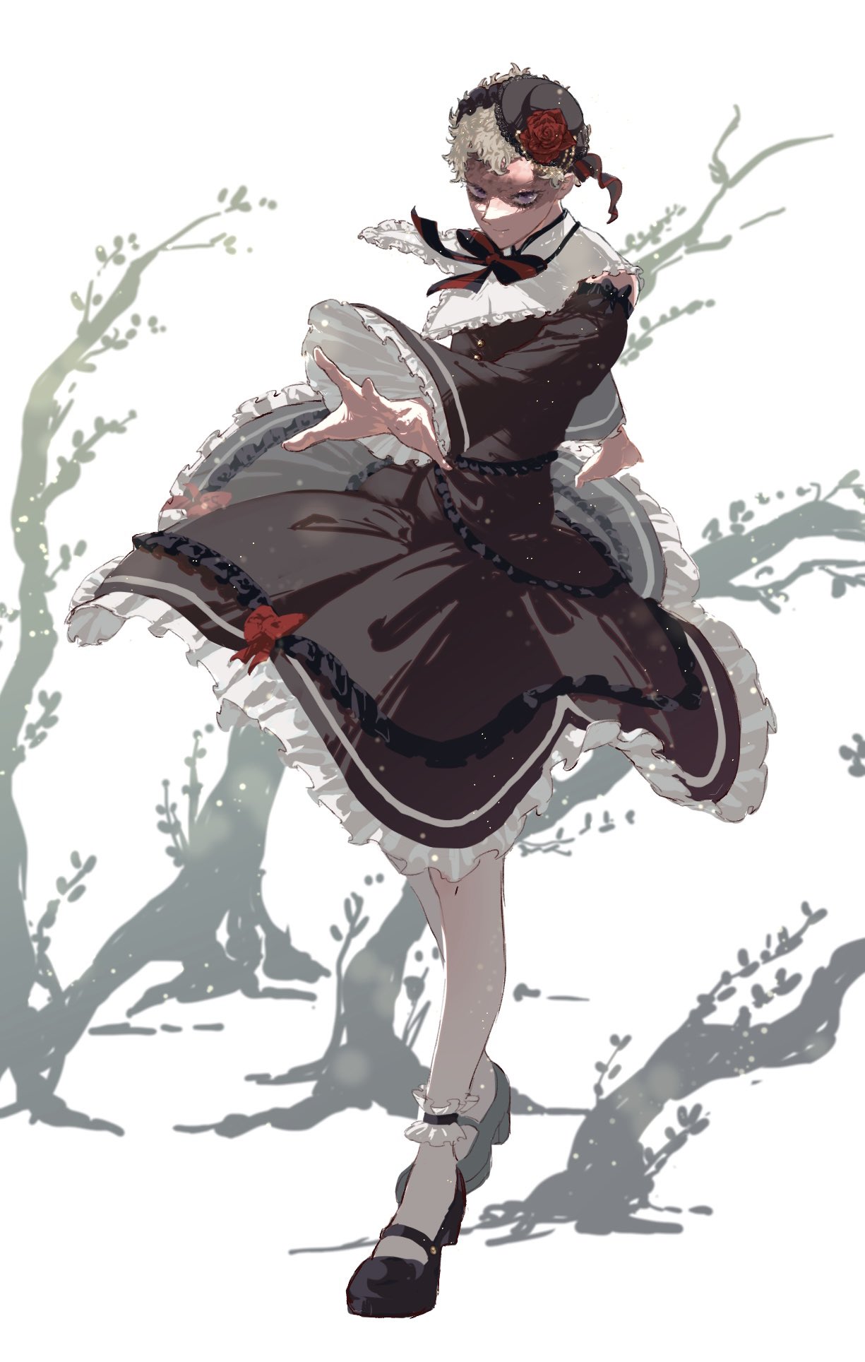 1boy, alternate_costume, apron, black_clover, crossdressing, enmaided, florakinesis, flower, frilled_apron, frills, frown, full_body, hat, hat_flower, highres, legs_together, looking_at_viewer, maid, male_focus, male_maid, outstretched_arm, pantyhose, rose, sekaiju_26, serious, spoilers, violet_eyes, white_apron, white_pantyhose, william_vangeance