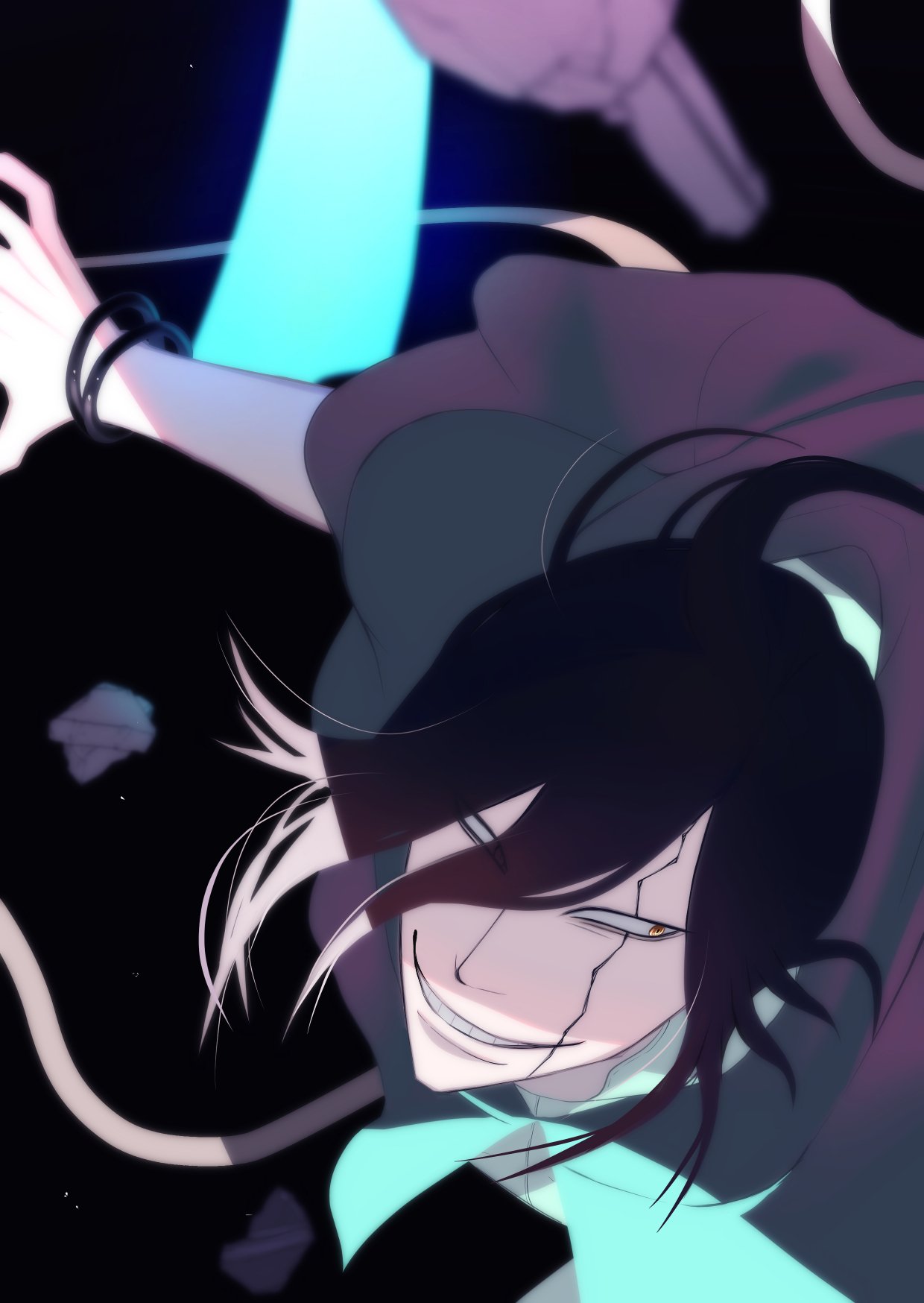 1boy, arm_blade, black_clover, black_hair, cracked_skin, fighting_stance, grin, hair_between_eyes