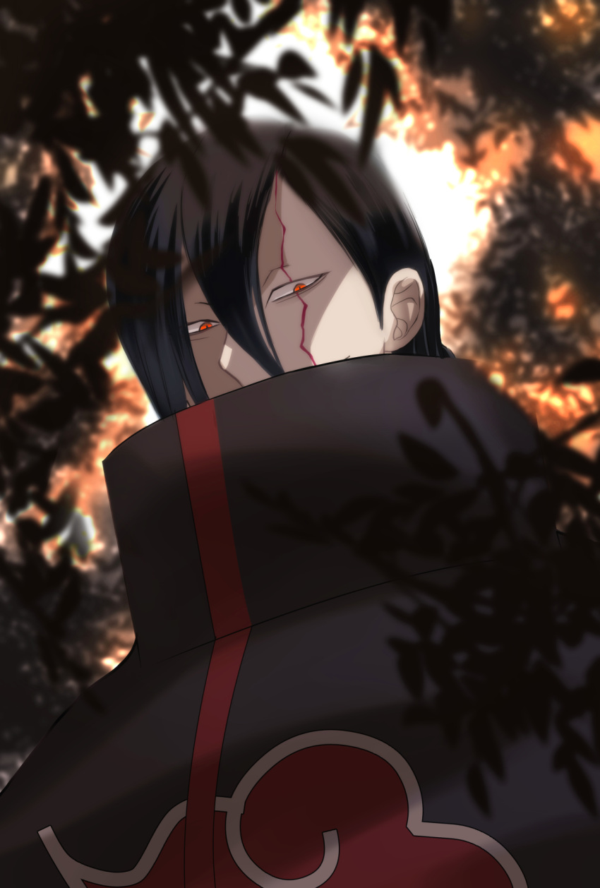 1boy, akatsuki_uniform, black_clover, black_hair, cracked_skin, crossover, forest, from_below