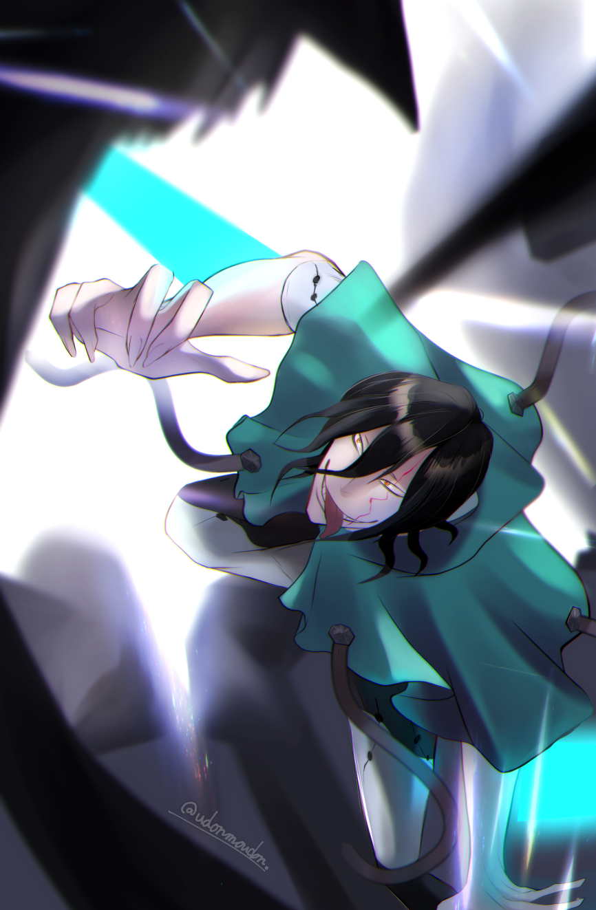 1boy, arm_blade, black_clover, black_hair, capelet, cracked_skin, fighting_stance, grin