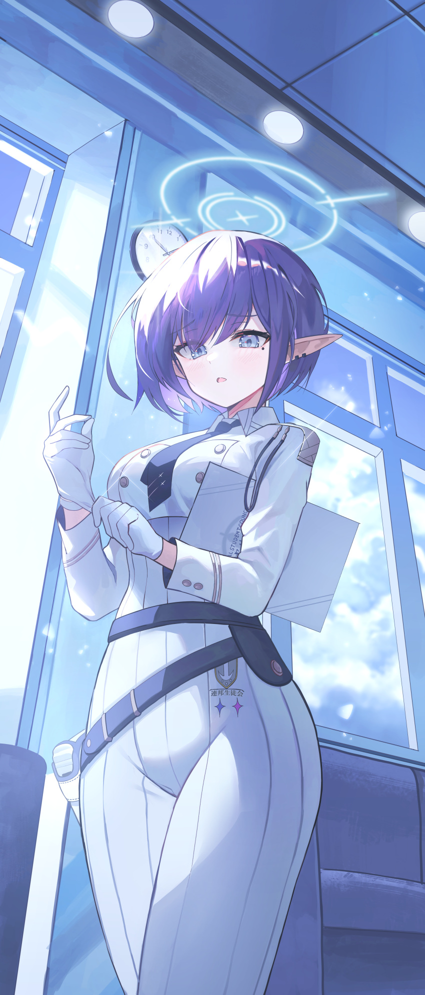 1girl, absurdres, aoi_(blue_archive), black_necktie, blue_archive, blue_hair, blue_halo, blush