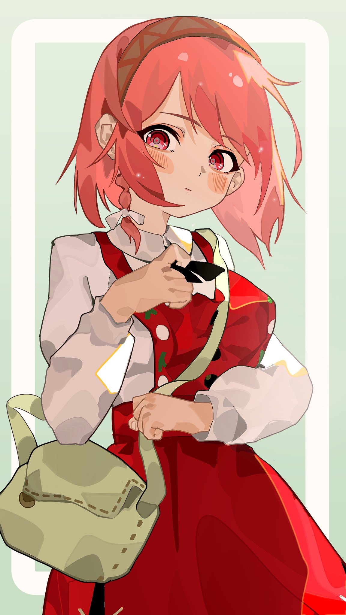 1girl, bag, black_neckerchief, blush, braid, dress, fire_emblem, fire_emblem_engage