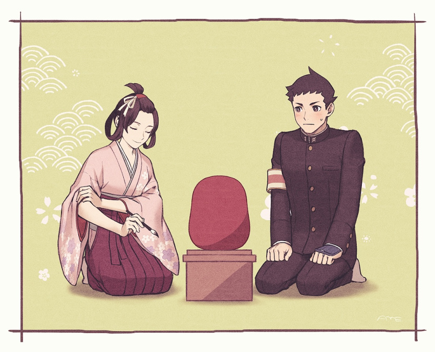 1boy, 1girl, ace_attorney, amemomism, armband, artist_name, bangs_pinned_back, black_eyes, black_hair, black_jacket, black_pants, blush, border, buttons, closed_eyes, closed_mouth, commentary_request, daruma_doll, floral_print, full_body, green_background, hair_ribbon, hair_rings, hakama, hakama_skirt, hand_on_own_arm, hands_on_own_knees, holding, holding_paintbrush, jacket, japanese_clothes, kimono, long_sleeves, looking_at_another, paintbrush, pants, pink_kimono, red_skirt, ribbon, rolling_sleeves_up, ryunosuke_naruhodo, seiza, short_hair, sitting, skirt, smile, susato_mikotoba, sweatdrop, the_great_ace_attorney, updo, white_border, wide_sleeves, yellow_ribbon