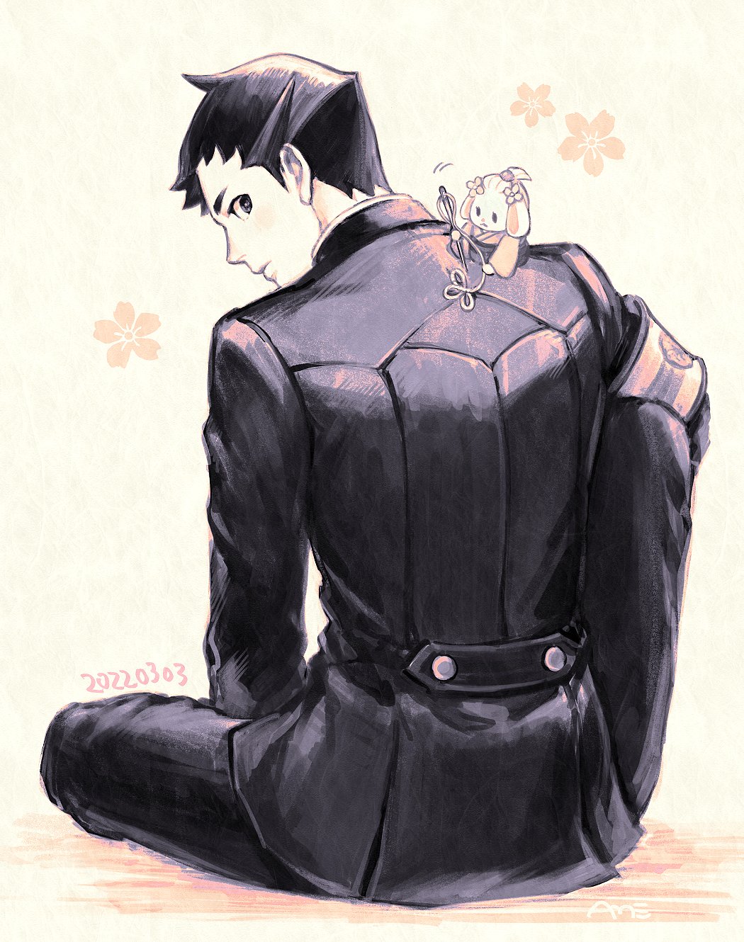 1boy, ace_attorney, amemomism, armband, black_eyes, black_hair, black_jacket, black_pants, cherry_blossoms, closed_mouth, flower, from_behind, full_body, gakuran, hair_flower, hair_ornament, highres, holding_sewing_needle, jacket, limited_palette, long_sleeves, looking_back, male_focus, pants, ryunosuke_naruhodo, school_uniform, sewing, short_hair, sitting, stuffed_animal, stuffed_rabbit, stuffed_toy, the_great_ace_attorney, usato_(ace_attorney), white_background