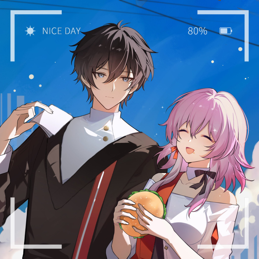 1boy, 1girl, bare_shoulders, battery_indicator, black_bow, blue_sky, bow, closed_eyes, collarbone, dan_heng_(honkai:_star_rail), dan_heng_(kfc)_(honkai:_star_rail), detached_sleeves, earrings, english_commentary, english_text, fake_screenshot, food, highres, holding, holding_food, honkai:_star_rail, honkai_(series), jewelry, march_7th_(honkai:_star_rail), march_7th_(kfc)_(honkai:_star_rail), official_alternate_costume, pink_hair, pipirya, single_earring, sky, upper_body