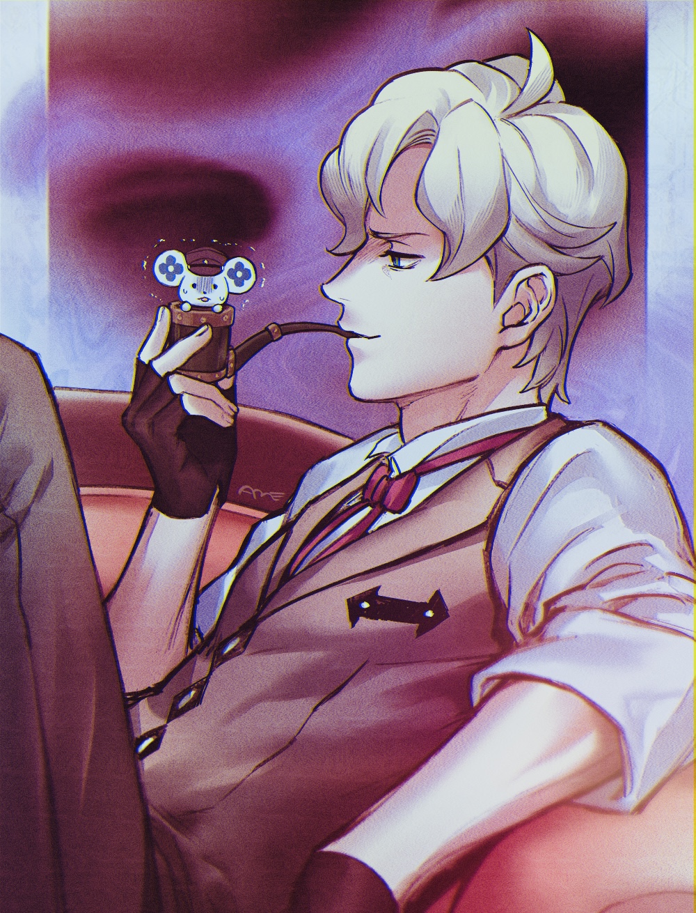 1boy, ace_attorney, amemomism, artist_name, blonde_hair, blue_eyes, brown_gloves, brown_vest