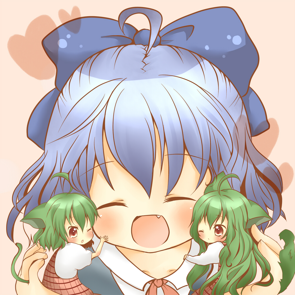 ahoge, animal_ears, blue_hair, blush, bow, cat_ears, cirno, closed_eyes, dual_persona, fang, green_hair, hair_bow, happy, kazami_yuuka, kazami_yuuka_(pc-98), kemonomimi_mode, long_hair, minigirl, plaid_dress, shii_(cocoa), short_hair, tail, touhou, touhou_(pc-98), wink