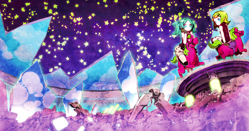 2girls, album_cover, alternate_costume, aqua_eyes, aqua_hair, black_gloves, black_shirt, black_socks, blue_eyes, broken_ceiling, carousel, closed_mouth, commentary_request, cover, expressionless, from_below, gloves, goggles, goggles_on_head, green_hair, gumi, hatsune_miku, head_rest, highres, medium_hair, miwa_shirow, monitor, multiple_girls, orange-tinted_eyewear, over-kneehighs, parted_bangs, purple_sky, riding, robot, shirt, shorts, sitting, skirt, sky, sleeveless, sleeveless_turtleneck, socks, star_(sky), star_(symbol), starry_sky, thigh-highs, tinted_eyewear, turtleneck, twintails, vocaloid, white_shorts, white_skirt, wide_shot, wreckage