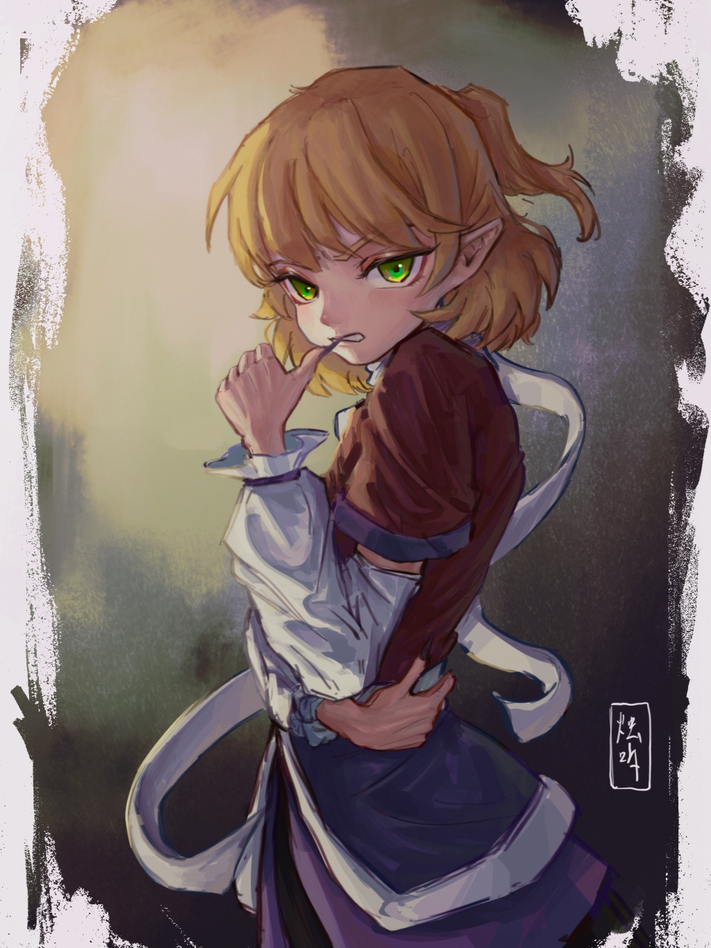 1girl, arm_warmers, black_nails, black_skirt, blonde_hair, brown_jacket, fingernails, frown