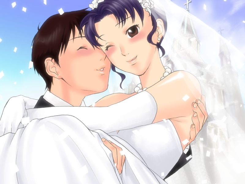 brown_eyes, dress, earrings, formal, fukuzou, genesis, hair, highres, ikari_shinji, jewelry, katsuragi_misato, long, meguro, neon_genesis_evangelion, ribbon, smile, suit, veil, wedding