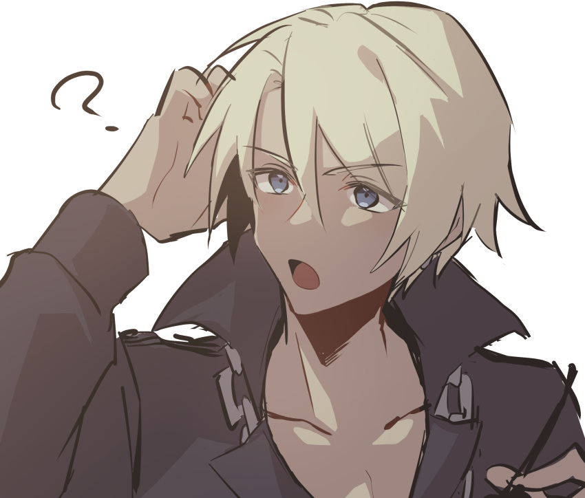 1boy, :o, ?, ace_attorney, black_shirt, blonde_hair, blue_eyes, chain_necklace, collared_shirt, dark-skinned_male, dark_skin, hand_on_own_head, hand_up, highres, hiyona, jewelry, klavier_gavin, long_sleeves, male_focus, necklace, open_collar, portrait, shirt, short_hair, simple_background, solo, white_background