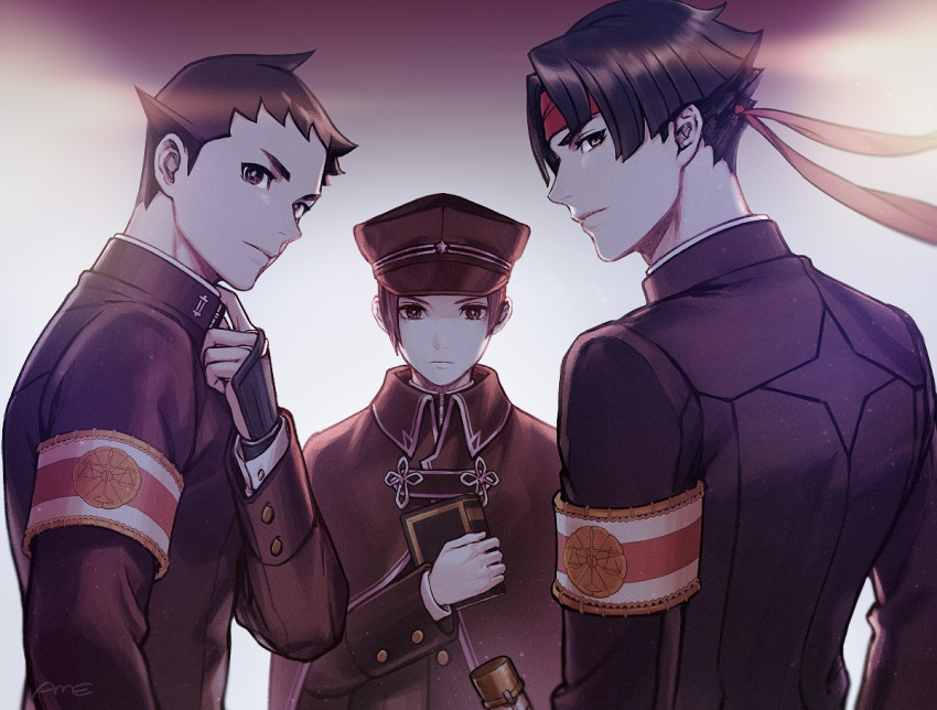 1girl, 2boys, ace_attorney, adjusting_collar, amemomism, armband, black_cape, black_eyes
