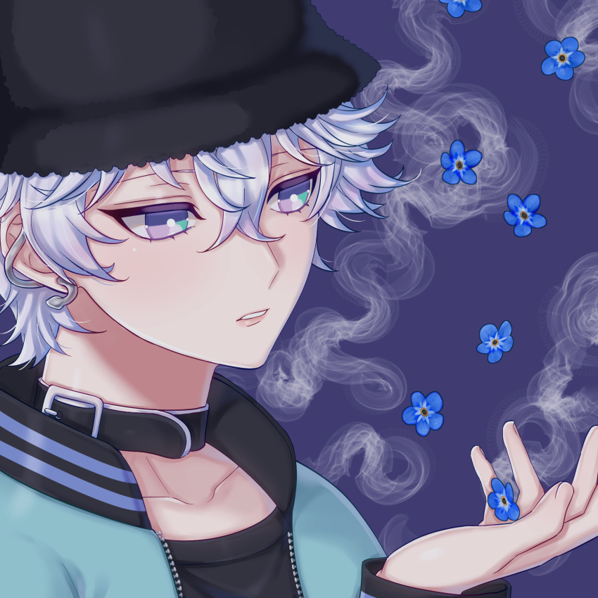 1boy, black_choker, black_headwear, black_shirt, blue_flower, choker, flower, green_jacket
