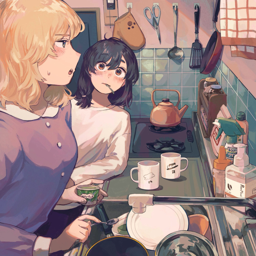 2girls, black_hair, blonde_hair, bottle, brown_eyes, checkered_wall, commentary_request, cup