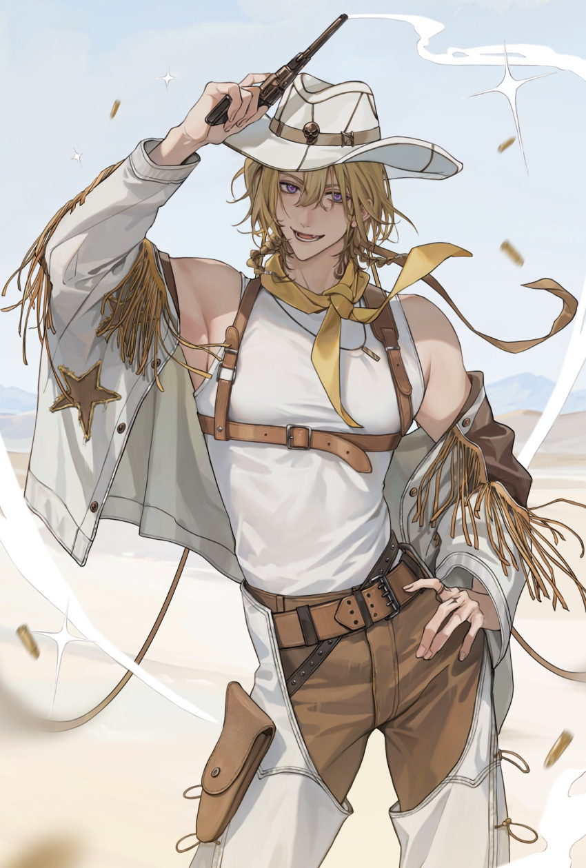 1boy, :d, alternate_costume, arm_up, bandana, bare_shoulders, belt, belt_buckle
