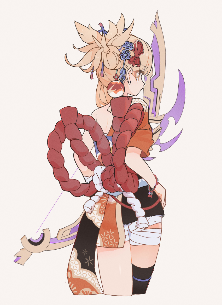 1girl, absurdres, arm_tattoo, ass, back, bandaged_arm, bandaged_leg, bandages