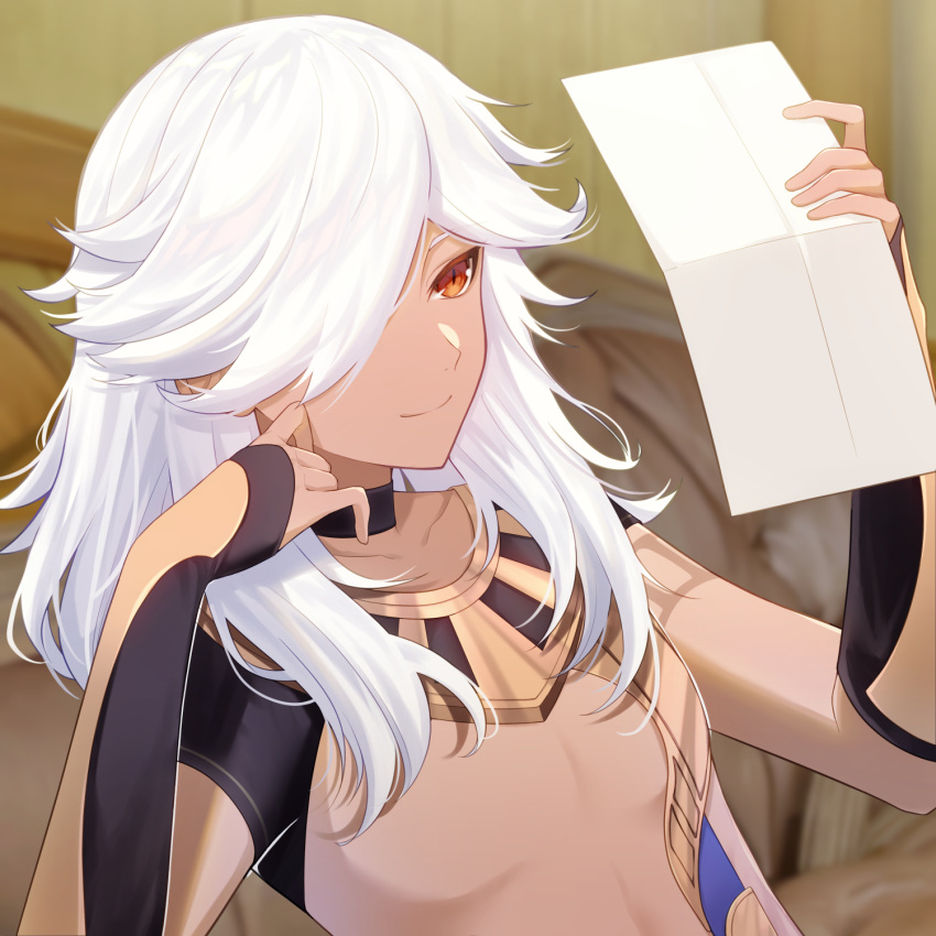 1boy, abs, animal_ears, black_gloves, black_sleeves, closed_mouth, cyno_(genshin_impact), dark-skinned_male