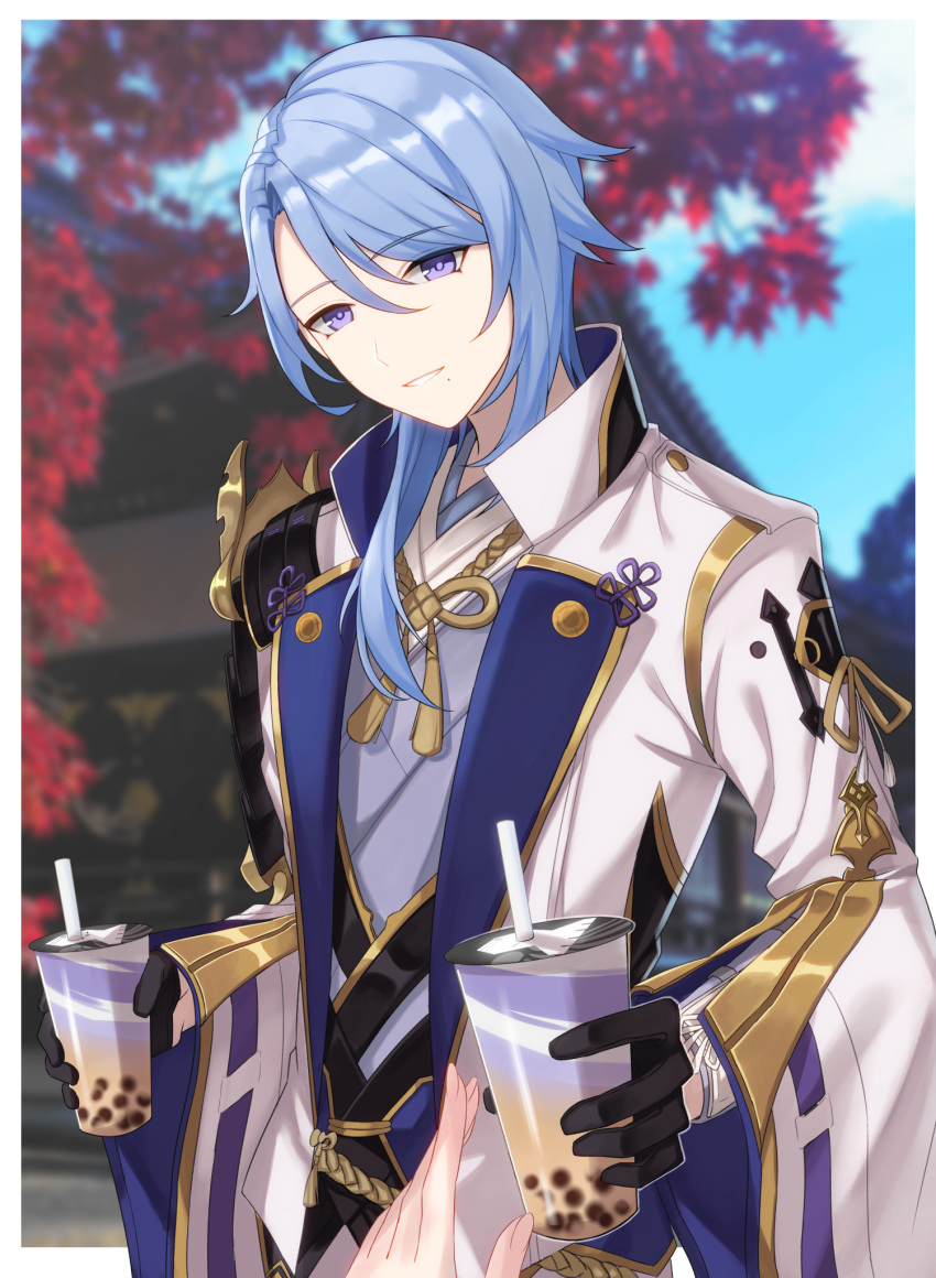 2boys, black_gloves, blue_eyes, blue_hair, bubble_tea, cup, genshin_impact, gloves