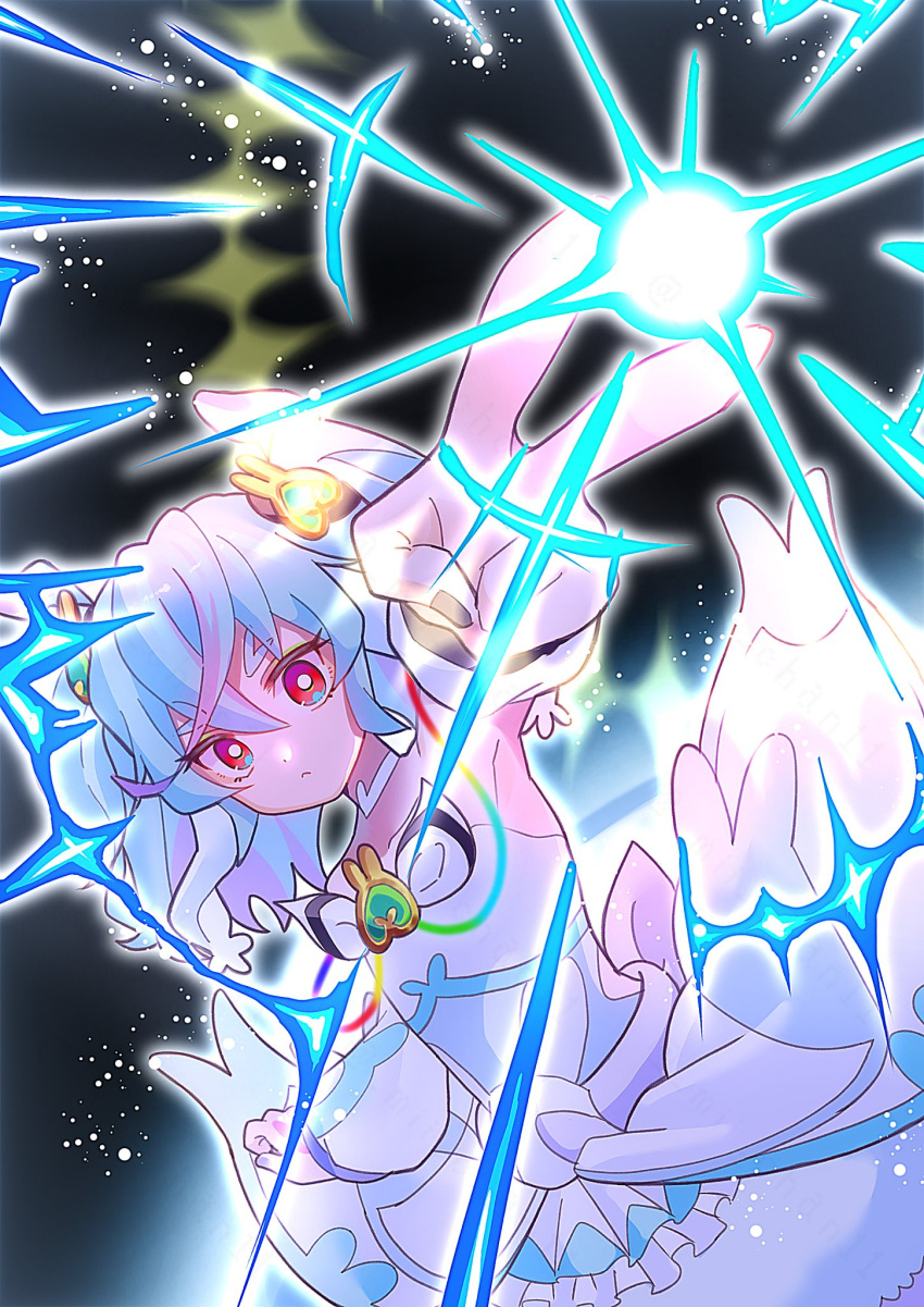 1girl, bare_shoulders, blue_hair, cure_supreme, detached_sleeves, dress, expressionless, gradient_hair