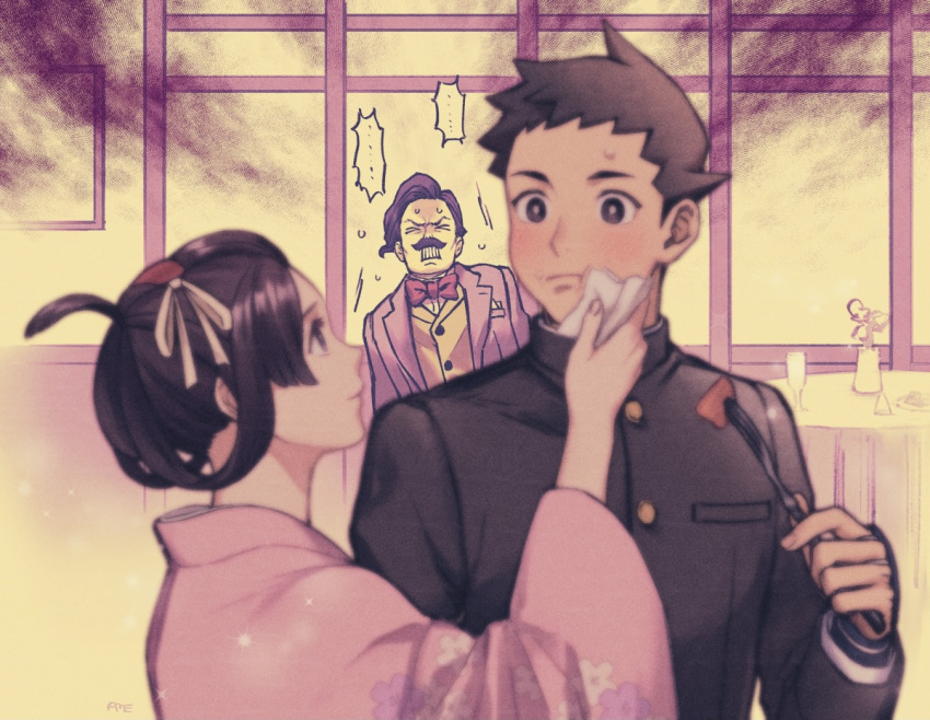 >_<, 1girl, 2boys, ace_attorney, amemomism, black_hair, black_jacket, blurry
