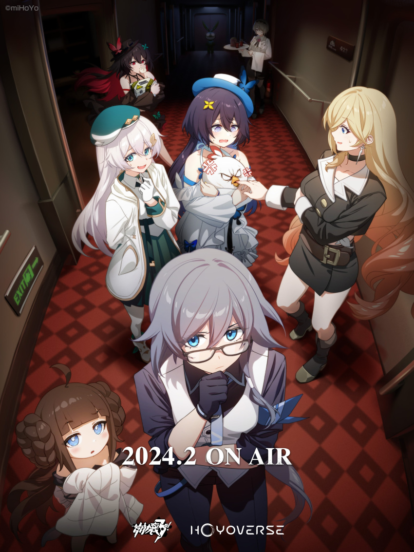 2024, 6+girls, absurdres, ahoge, alternate_costume, anger_vein, animal, belt, beret, bird, black_choker, black_pants, blonde_hair, blue_eyes, blue_gloves, blue_necktie, book_of_fuxi, breasts, brown_hair, butterfly_hair_ornament, chicken, chinese_clothes, choker, closed_mouth, colored_inner_hair, copyright_name, detached_sleeves, dress, durandal_(honkai_impact), earrings, elevator, exit_sign, fu_hua, fu_hua_(night_squire), glasses, gloves, green_headwear, grey_hair, hair_between_eyes, hair_ornament, hallway, hand_on_own_chin, hat, highres, holding, holding_plate, homu_(honkai_impact), honkai_(series), honkai_impact_3rd, indoors, jacket, jewelry, large_breasts, logo, looking_at_another, looking_at_viewer, multicolored_hair, multiple_girls, necktie, night, official_alternate_costume, official_art, open_mouth, pants, plate, red_eyes, redhead, rita_rossweisse, rita_rossweisse_(fallen_rosemary), seele_vollerei, seele_vollerei_(herrscher_of_rebirth), seele_vollerei_(starchasm_nyx), shirt, short_hair, small_breasts, standing, theresa_apocalypse, theresa_apocalypse_(twilight_paladin), v-shaped_eyebrows, white_dress, white_hair, white_headwear, white_jacket, white_shirt