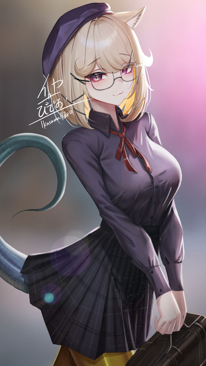 1girl, absurdres, animal_ear_fluff, animal_ears, arknights, artist_name, bag, black-framed_eyewear