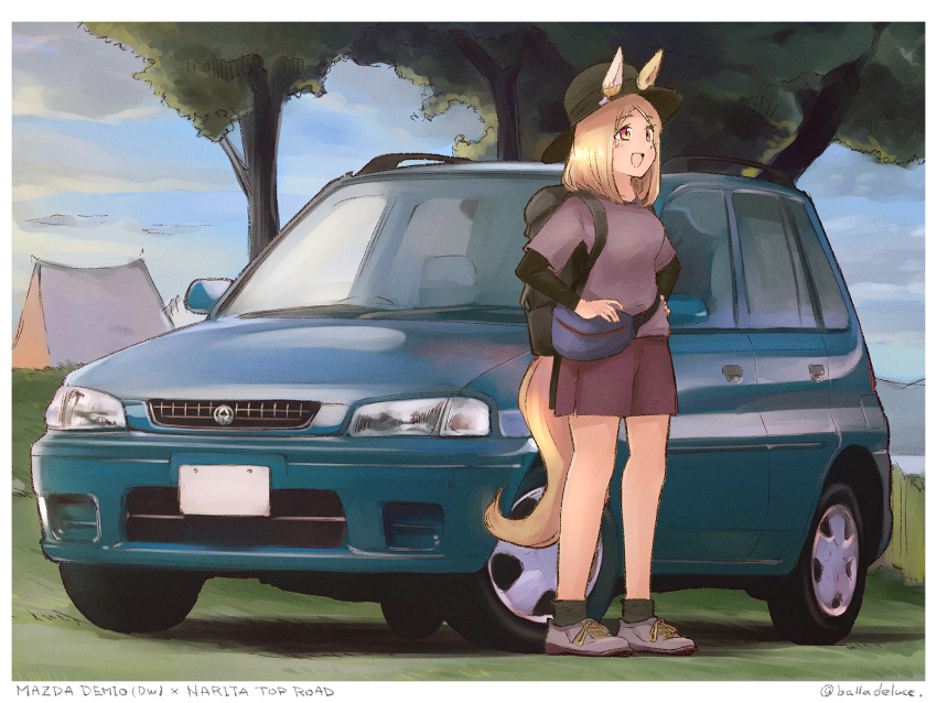 1girl, animal_ears, artist_name, balladeluce, black_headwear, black_socks, blonde_hair, breasts, brown_shorts, character_name, fanny_pack, grey_footwear, grey_shirt, hands_on_own_hips, hat, highres, horse_ears, horse_girl, horse_tail, layered_sleeves, looking_up, mazda, mazda_demio, medium_breasts, narita_top_road_(umamusume), parted_bangs, shadow, shirt, shorts, smile, socks, solo, sports_utility_vehicle, tail, tent, tree, umamusume, vehicle_focus, vehicle_name