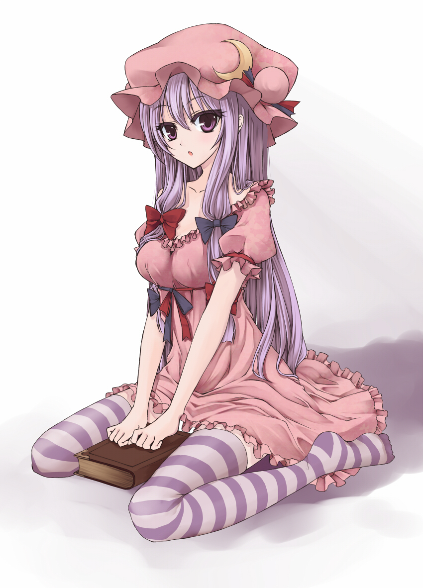 :o, alternate_costume, book, bow, crescent, crescent_moon, dress, hair_bow, hat, long_hair, open_mouth, patchouli_knowledge, pink_dress, purple_eyes, purple_hair, robe, sitting, solo, striped, striped_legwear, striped_thighhighs, thigh-highs, thighhighs, touhou, utakata_(0824), utakata_(artist), violet_eyes, wariza, zettai_ryouiki