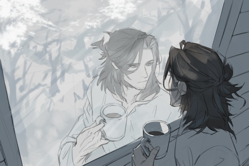 108cycle, 1boy, arknights, brown_hair, coffee_mug, cup, from_above, goatee_stubble