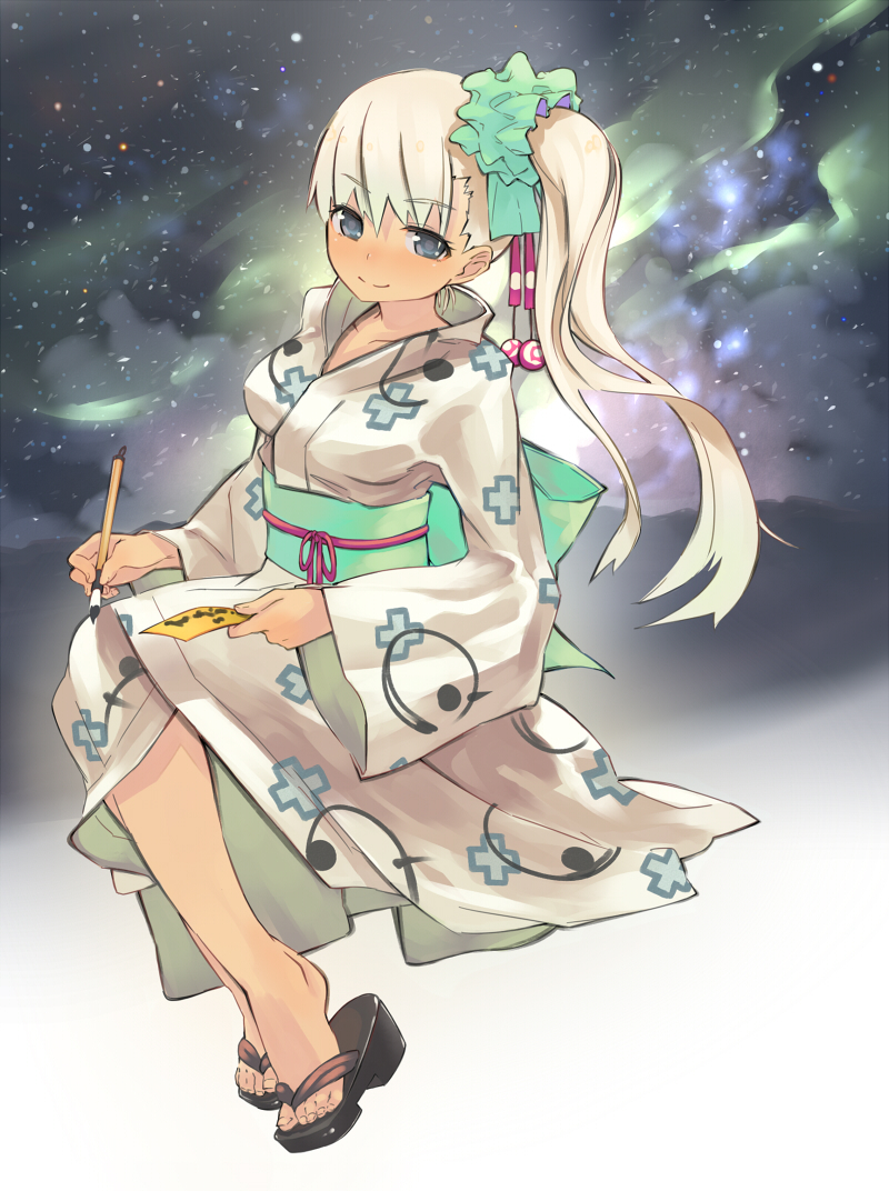 feet, japanese_clothes, kimono, long_hair, night, night_sky, original, paintbrush