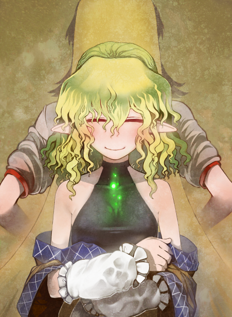 arm_warmers, asakawa_remon, back-to-back, blonde_hair, closed_eyes, hoshiguma_yuugi, long_hair, mizuhashi_parsee