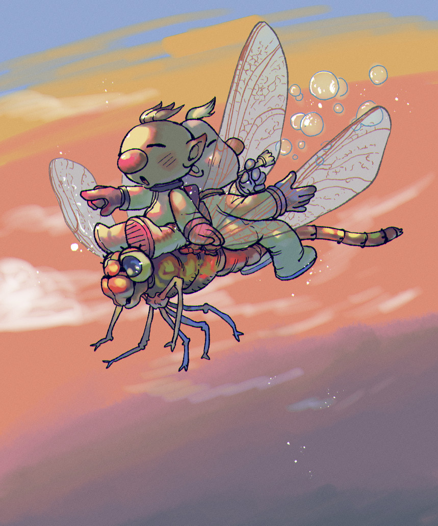 2boys, alien, asaikaina, back-to-back, backpack, bag, big_nose, blonde_hair, blue_gloves, blush_stickers, brown_hair, bubble_blowing, bug, closed_eyes, clouds, commentary_request, dragonfly, flying, gloves, gradient_sky, holding, insect_wings, louie_(pikmin), male_focus, multiple_boys, olimar, open_mouth, orange_sky, pikmin_(series), pointing, pointing_forward, pointy_ears, red_bag, red_gloves, riding, riding_animal, short_hair, sitting_on_animal, sky, spacesuit, sunset, very_short_hair, wind, wind_lift, wings