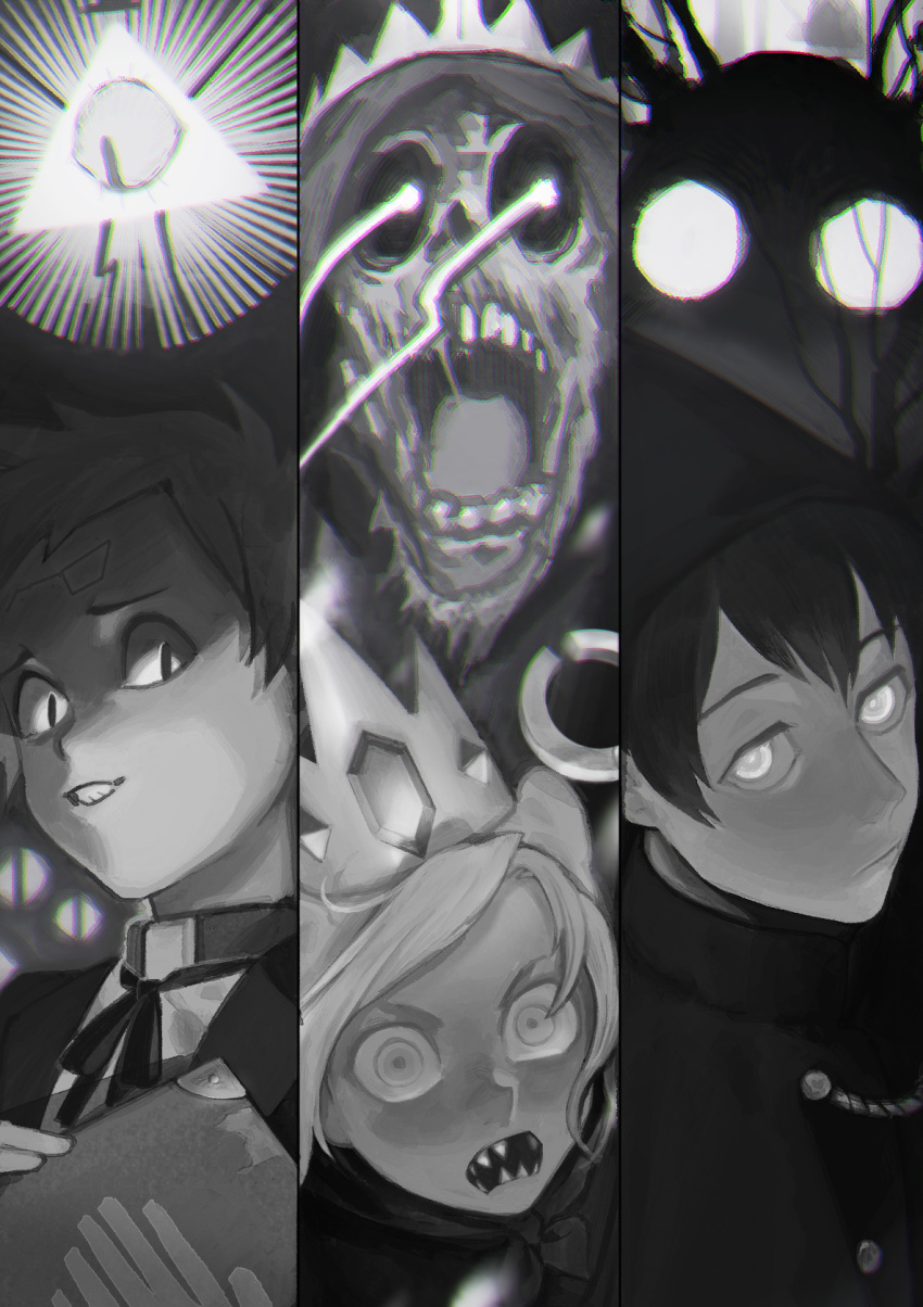 5boys, adventure_time, bill_cipher, book, crossover, crown, dipper_pines, fez_hat, finn_the_human, glowing, glowing_eyes, gravity_falls, greyscale, hat, highres, holding, holding_book, hood, hood_up, jacket, lich_(adventure_time), male_focus, monochrome, multiple_boys, one-eyed, open_mouth, over_the_garden_wall, pointy_hat, sharp_teeth, shirt, short_hair, skull, teeth, the_beast, triangle, wirt_(over_the_garden_wall), zipperradio