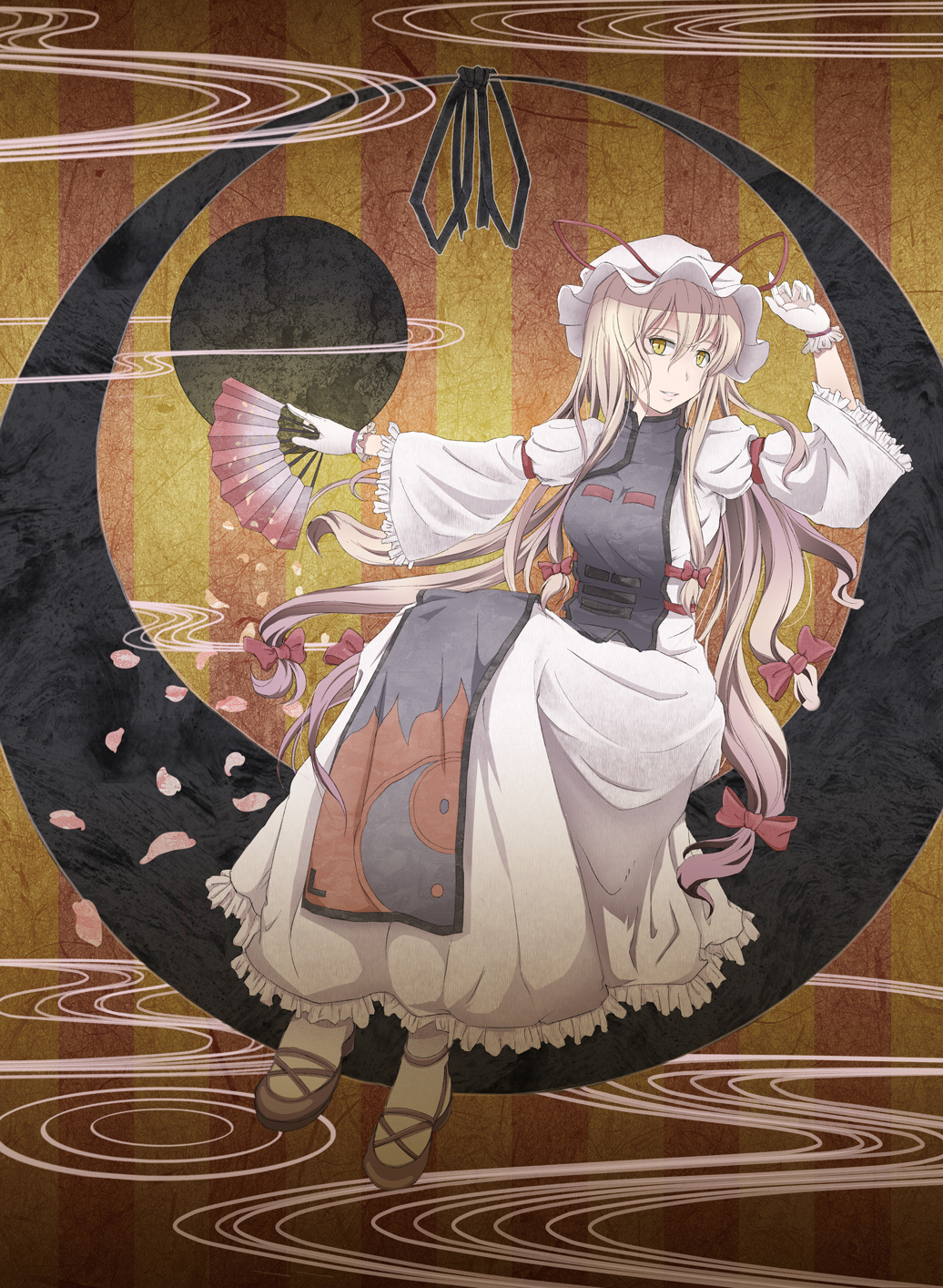 blonde_hair, bow, fan, hair_bow, hat, highres, long_hair, oumi_(rsag)