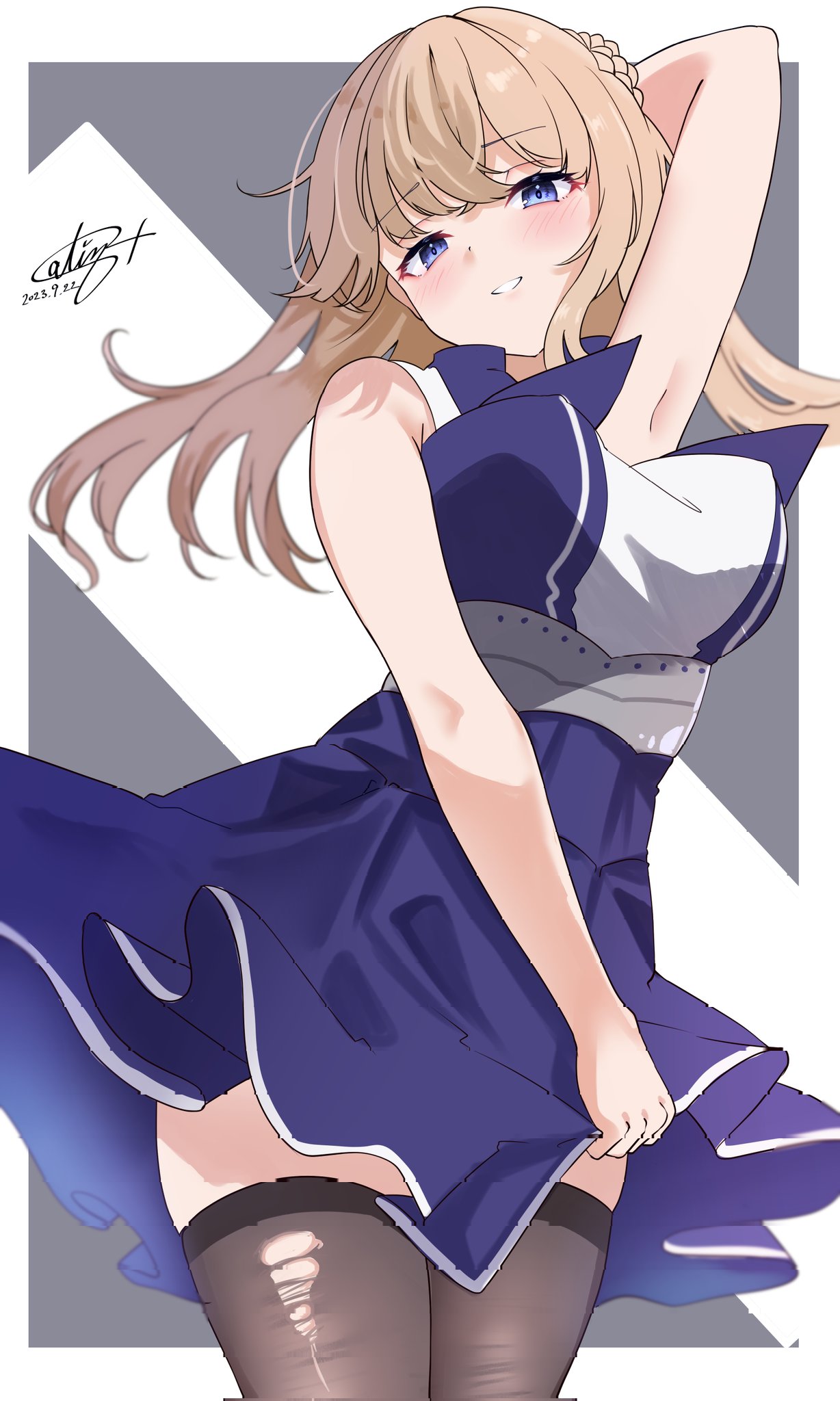 1girl, arm_behind_head, blonde_hair, blue_eyes, blue_necktie, blush, bouncing_breasts, braid