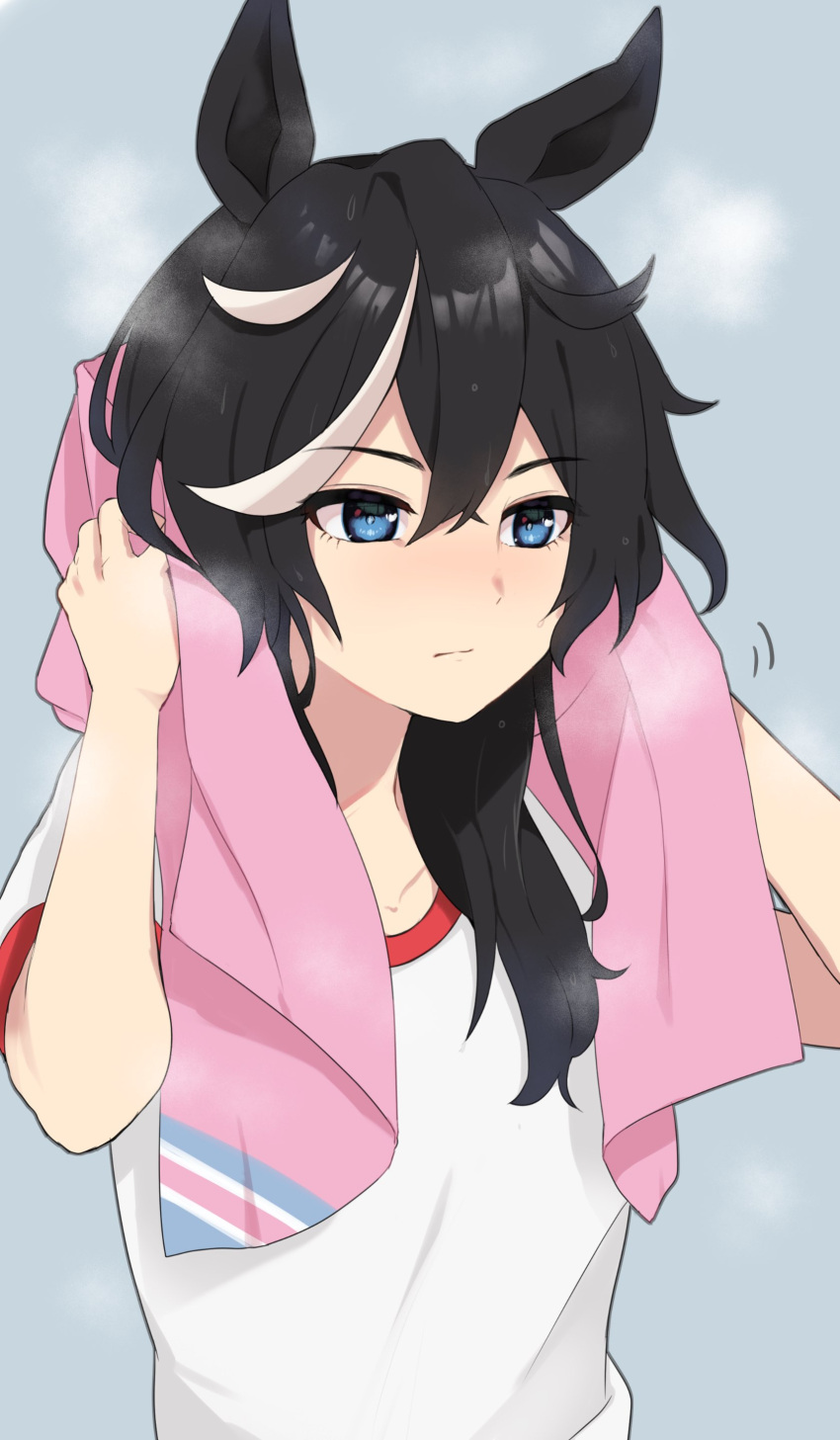 1girl, absurdres, animal_ears, arms_up, black_hair, blue_eyes, blush, closed_mouth