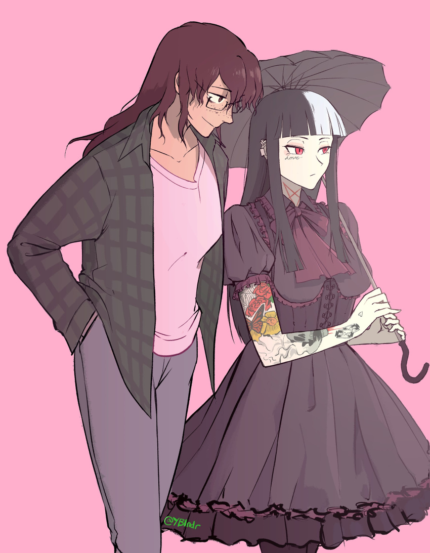 2girls, absurdres, animal_print, arm_tattoo, black_hair, brown_hair, butterfly_print, couple