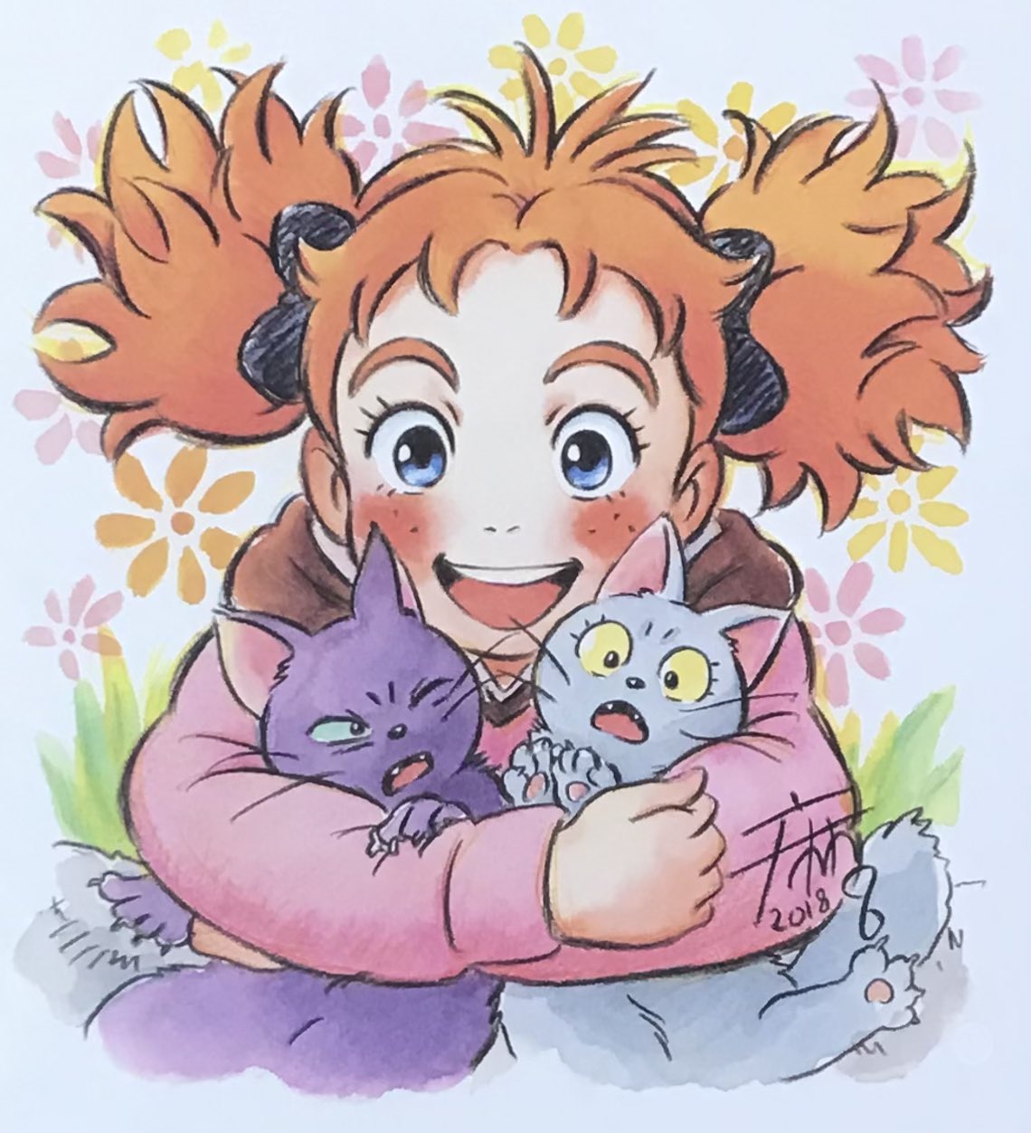 1boy, 2018, 2girls, animal, blue_eyes, blush, cat, cat_day