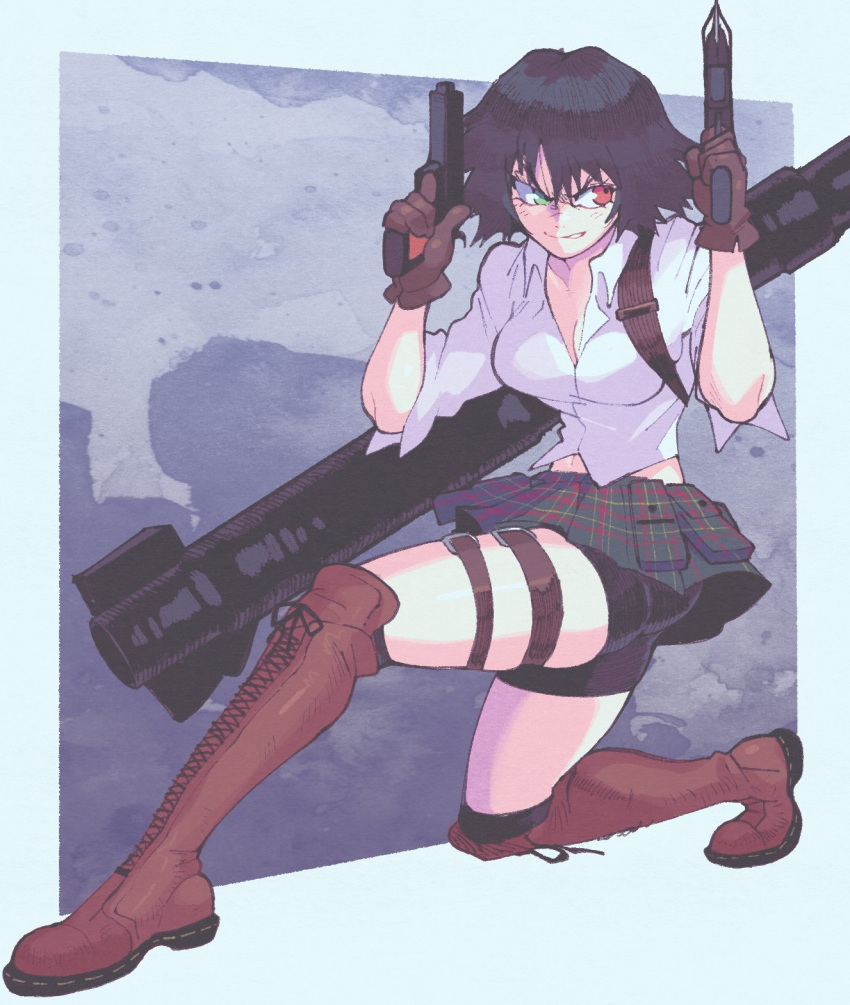 1girl, black_hair, boots, devil_may_cry_(series), gun, highres, inkerton-kun, kalina_ann_(weapon)