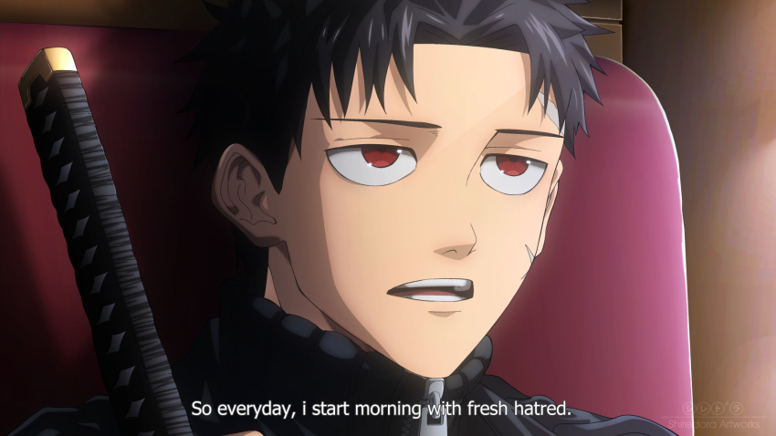 1boy, artist_name, black_hair, close-up, english_commentary, english_text, fake_screenshot, highres, kagurabachi, katana, male_focus, open_mouth, red_eyes, rokuhira_chihiro, scar, scar_on_cheek, scar_on_face, shiredora, short_hair, solo, subtitled, sword, watermark, weapon, zipper_pull_tab