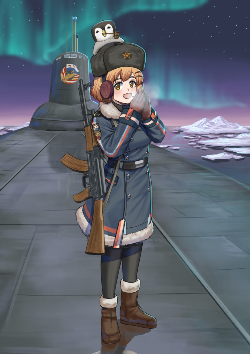 1girl, ak-47, antarctica, assault_rifle, bird, blue_jacket, breasts, brown_eyes