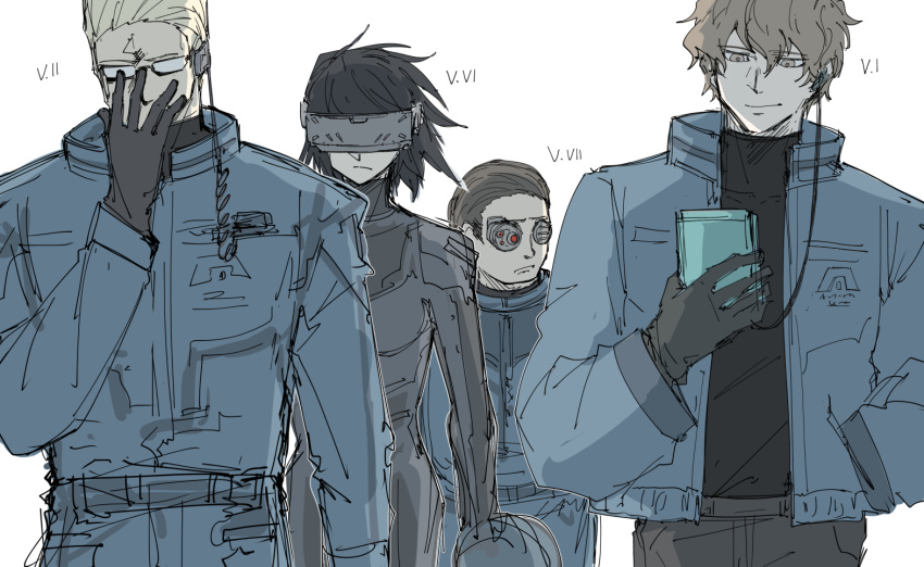 1girl, 3boys, armored_core, armored_core_6, black_hair, bodysuit, brown_eyes, brown_hair
