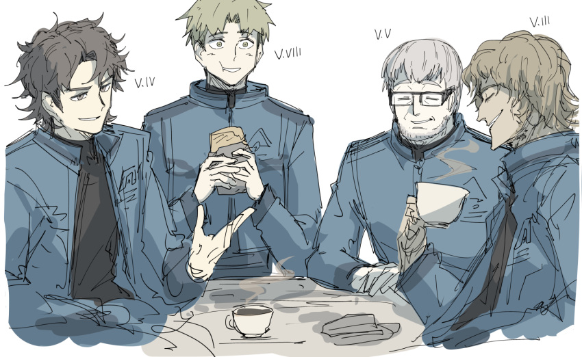 4boys, armored_core, armored_core_6, blonde_hair, brown_eyes, brown_hair, closed_eyes, coffee