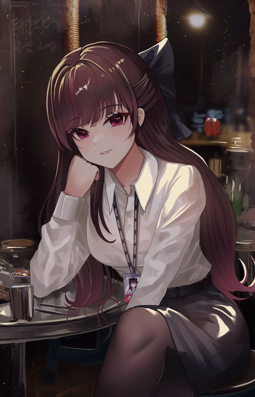 1girl, absurdres, black_bow, black_pantyhose, black_skirt, bow, brown_hair, collared_shirt