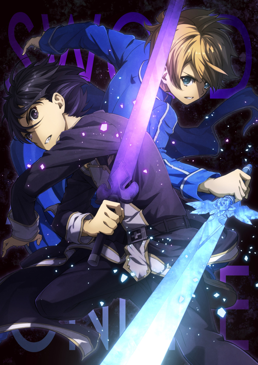 2boys, absurdres, belt, black_belt, black_eyes, black_hair, black_jacket, black_pants