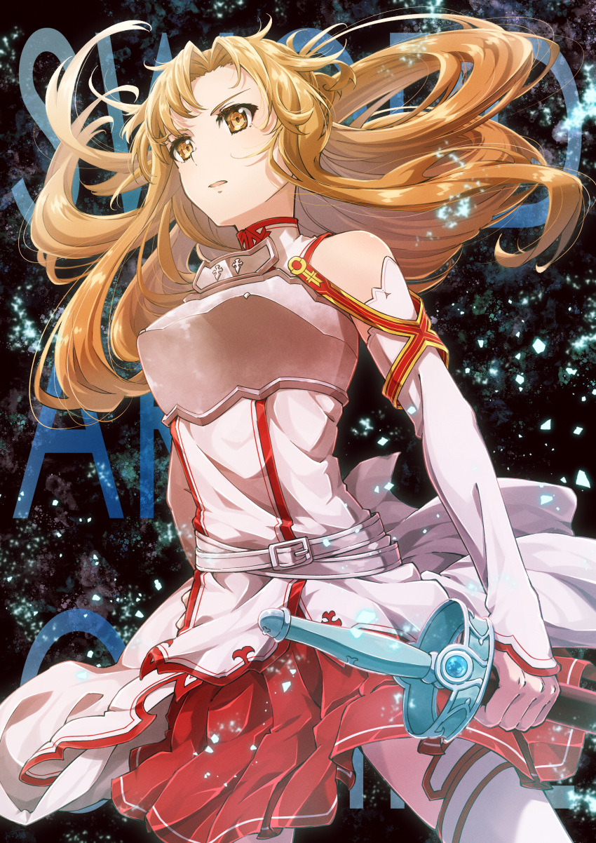 1girl, absurdres, armor, asuna_(sao), bare_shoulders, bracelet, breastplate, brown_eyes, brown_hair, detached_sleeves, floating_hair, hair_intakes, highres, holding, holding_sheath, jewelry, lambent_light, long_hair, long_sleeves, miniskirt, oboro_neko, open_mouth, pleated_skirt, red_skirt, sheath, sheathed, skirt, sleeves_past_wrists, solo, standing, sword, sword_art_online, thigh-highs, very_long_hair, weapon, white_sleeves, white_thighhighs