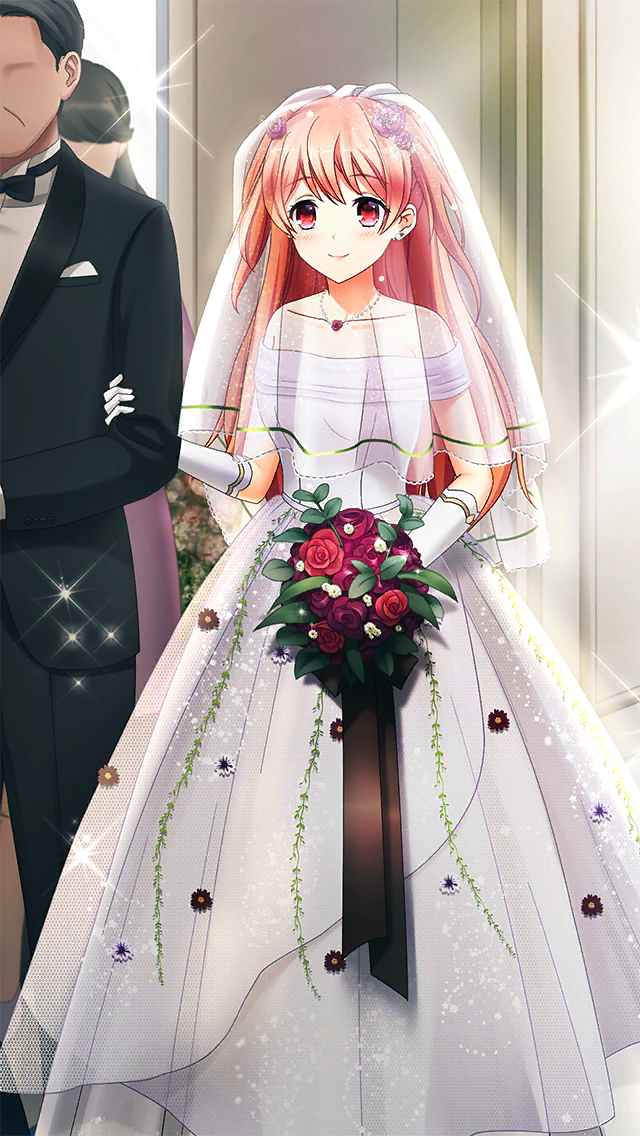 1boy, 2girls, bouquet, bridal_veil, closed_mouth, collarbone, doukyuusei_another_world, dress